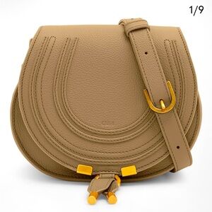Chloe Marcie Small  Crossbody Saddle Bag with Adjustable Strap medium tan color.